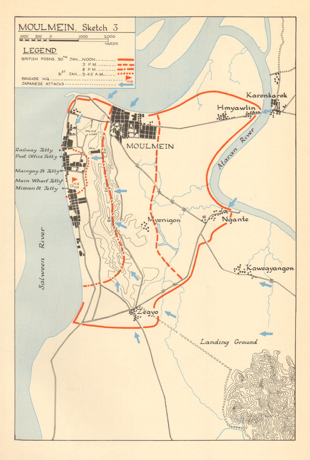 Moulmein 30-31 January 1942. Japanese conquest of Burma. World War 2 1961 map